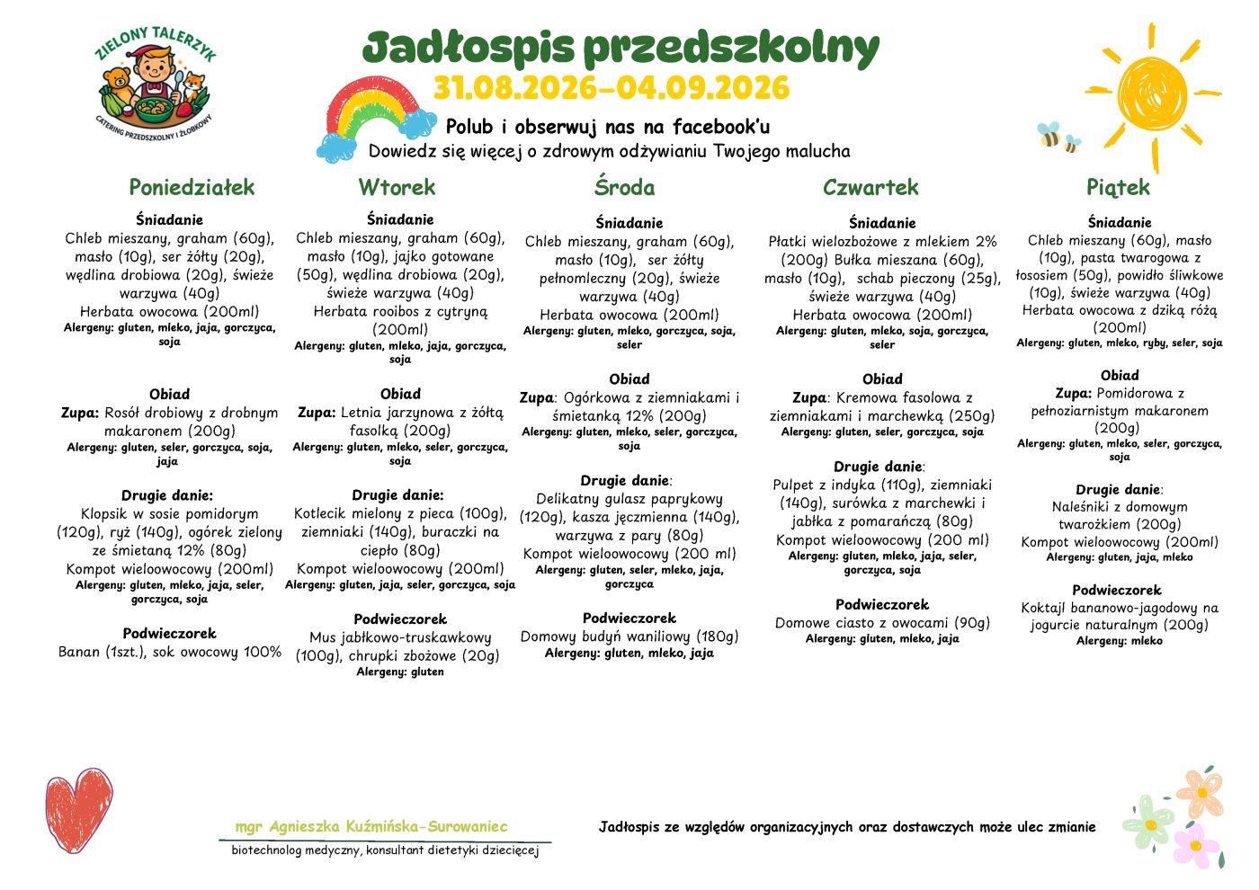 Jadłospis 31.08.26 - 4.09.2026